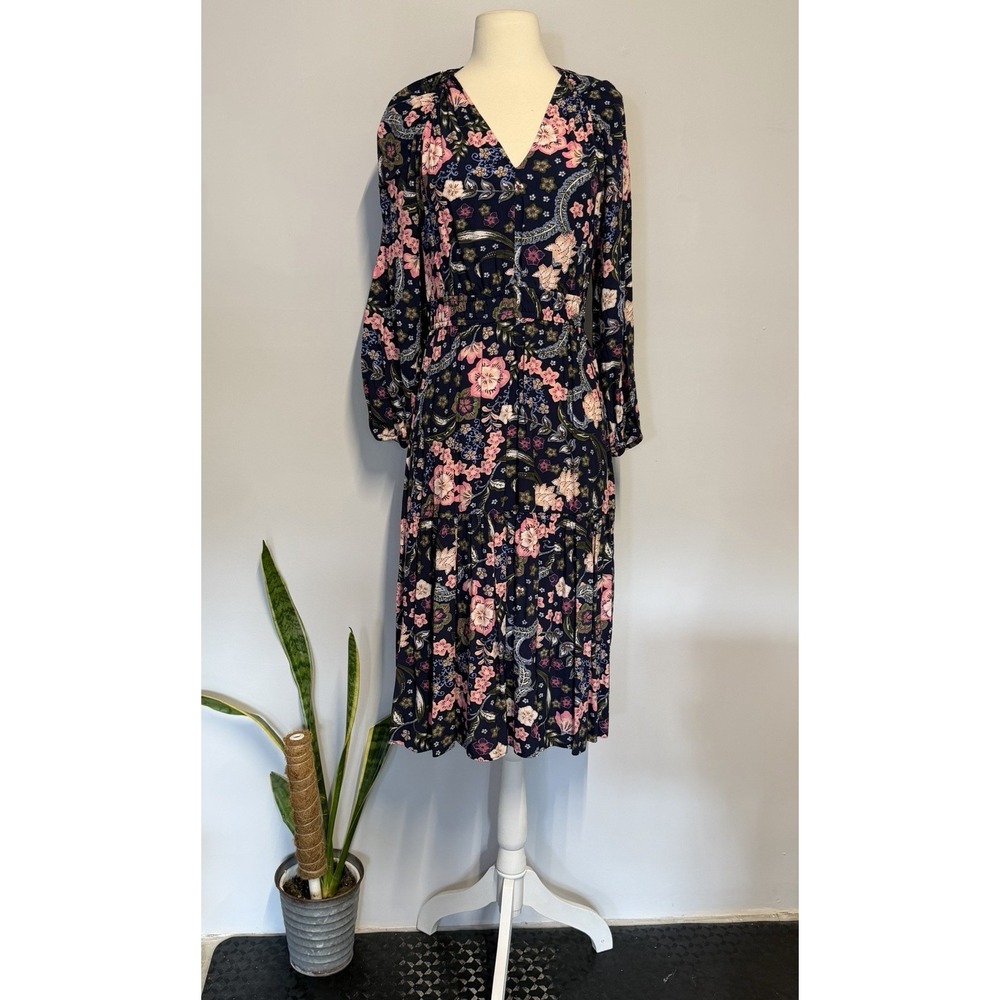 LOFT Shirred Flounce Tiered Midi Womens Size S Navy Blue Pink Floral V-Neck Boho